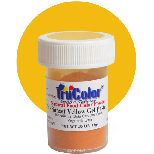TruColor Sunset Yellow natural gel paste food coloring for buttercream, fondant, cakes, cookies, macarons, and dessert decorating.
