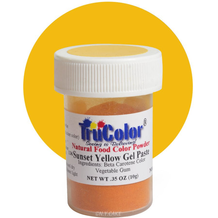 TruColor Sunset Yellow natural gel paste food coloring for buttercream, fondant, cakes, cookies, macarons, and dessert decorating.