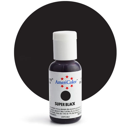 AmeriColor Super Black Soft Gel Paste Food Color 0.75 oz bottle for frosting, fondant, cakes, cookies, cupcakes, macarons, and cake decorating.