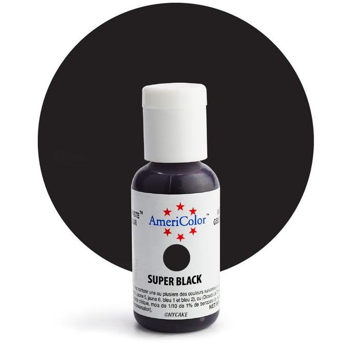 AmeriColor Super Black Soft Gel Paste Food Color 0.75 oz bottle for frosting, fondant, cakes, cookies, cupcakes, macarons, and cake decorating.
