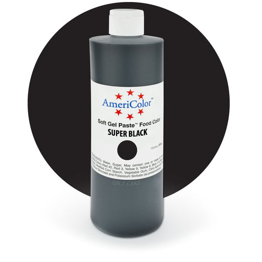 AmeriColor Super Black Soft Gel Paste Food Color 13.5 oz bottle for frosting, fondant, cakes, cookies, cupcakes, macarons, and cake decorating.