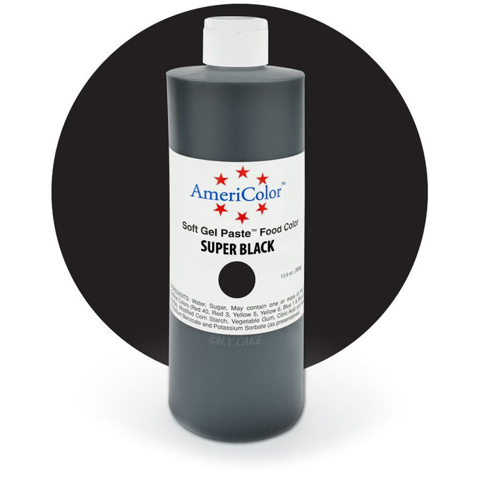 AmeriColor Super Black Soft Gel Paste Food Color 13.5 oz bottle for frosting, fondant, cakes, cookies, cupcakes, macarons, and cake decorating.
