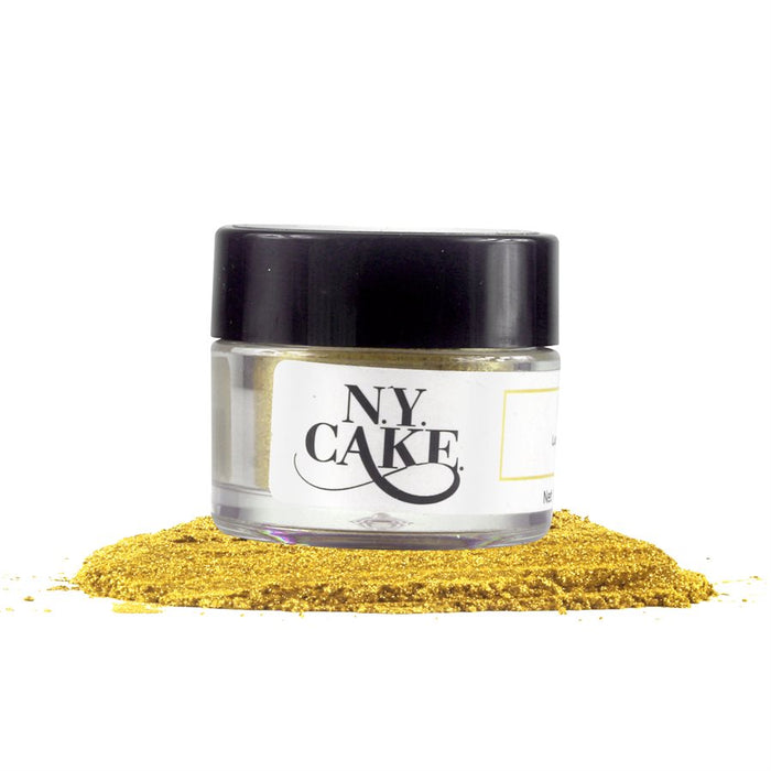 NY Cake Super Gold 100% Edible Highlighter Dust jar with brilliant metallic gold decorating powder for cakes, chocolates, cookies, and fondant.