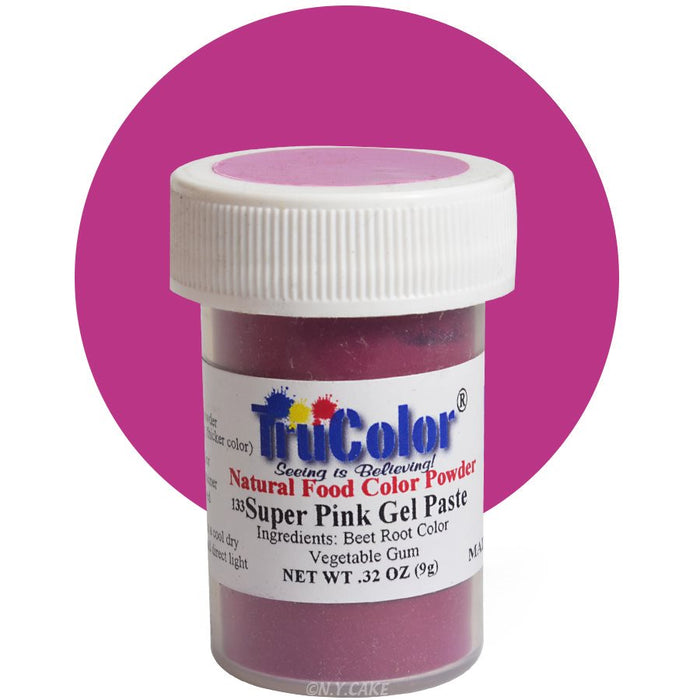 TruColor Super Pink natural gel paste food coloring for buttercream, fondant, cakes, cookies, macarons, and dessert decorating.
