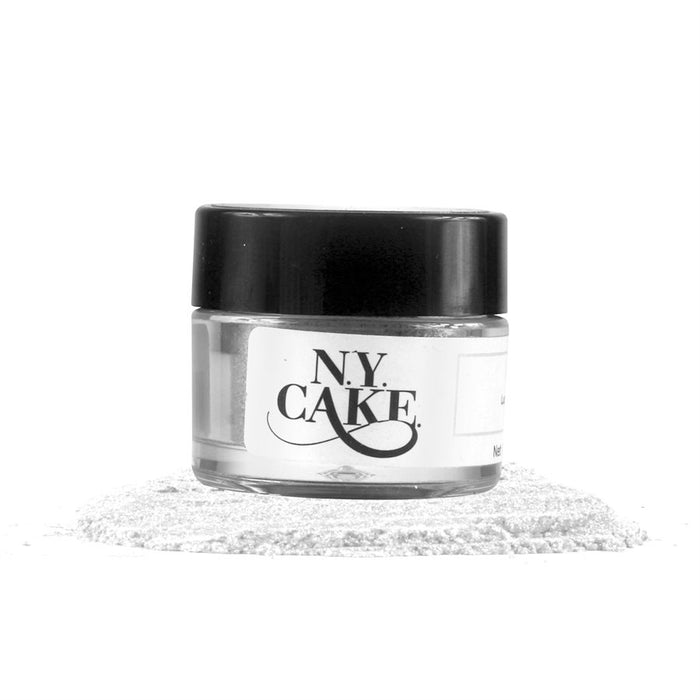 NY Cake Super White 100% Edible Highlighter Dust jar with bright white decorating powder for cakes, cookies, chocolates, fondant, and sugar decorations.