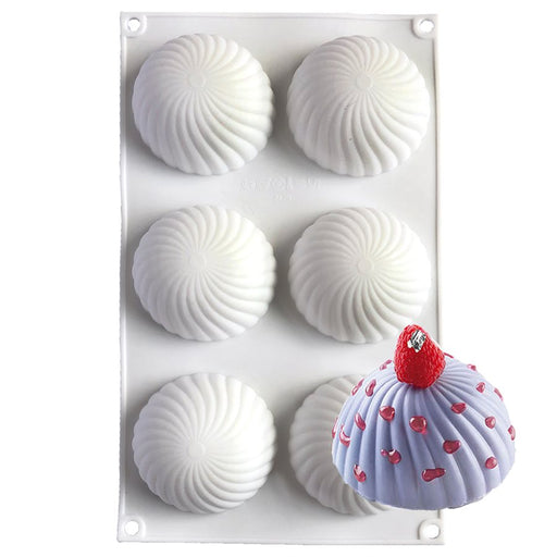 NY Cake Swirl Hemisphere silicone baking and freezing mold with 6 swirl dome cavities, 3.7 oz each, for mousse, chocolate and desserts