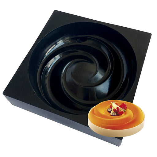 7-inch round silicone baking and freezing mold with decorative spiral swirl design.