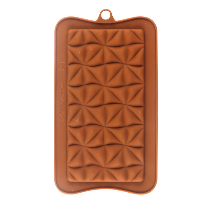 Flexible silicone mold featuring one large swirled geometric chocolate bar cavity for chocolate, candy, fondant, soap, and wax melts.
