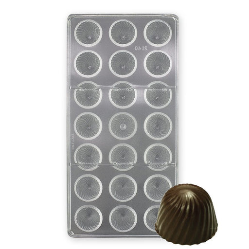 Polycarbonate chocolate mold featuring 21 cavities with a decorative swirled bon bon design for creating glossy chocolates, truffles, and confectionery treats.