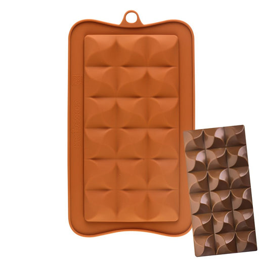 Flexible silicone mold with one large swirled geometric breakaway chocolate bar cavity for chocolate, candy, fondant, soap, and wax melts.