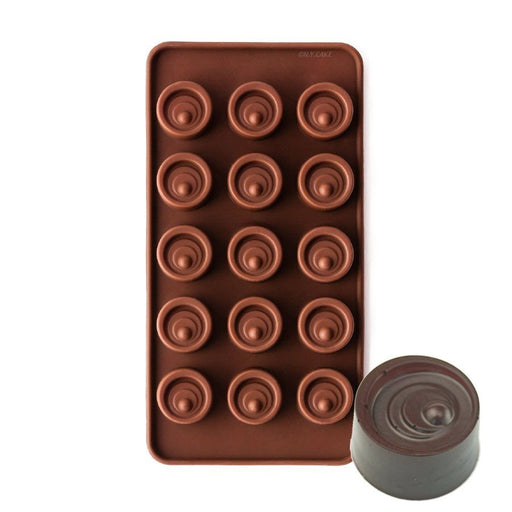 Flexible silicone mold featuring 15 swirled cylinder cavities for making chocolates, candy, fondant decorations, soap, wax melts, and desserts.