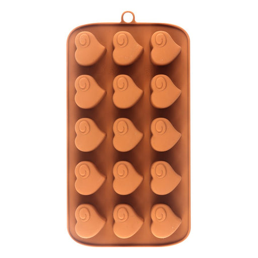 Flexible 15-cavity silicone mold featuring swirled heart shapes for making chocolates, candy, fondant decorations, soap, wax melts, and desserts.