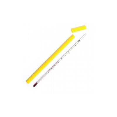 Chocolate tempering thermometer with waterproof laboratory glass design and protective case for candy making and chocolate work.