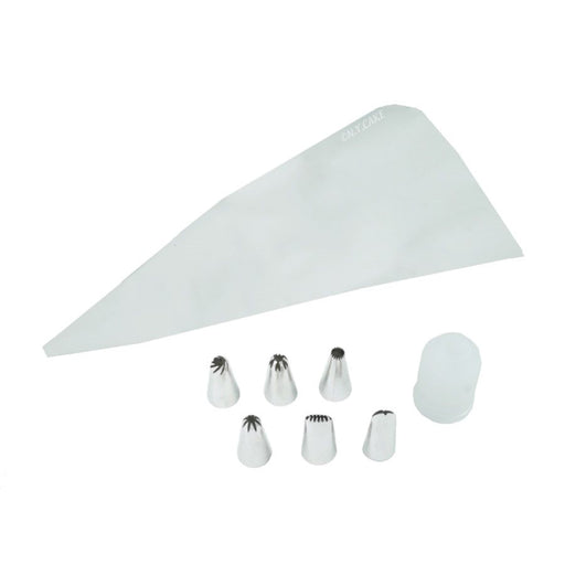 6 piece medium stainless steel piping tip set with reusable piping bag and coupler for flowers, borders, cake decorating, cupcake frosting, and icing designs.