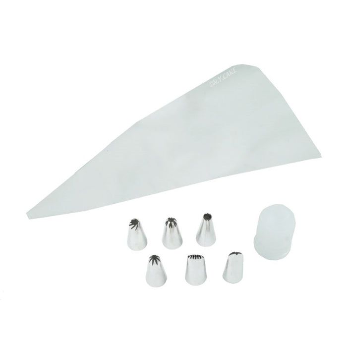6 piece medium stainless steel piping tip set with reusable piping bag and coupler for flowers, borders, cake decorating, cupcake frosting, and icing designs.
