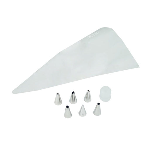 6 piece stainless steel piping tip set with reusable piping bag and coupler for cake decorating, cupcake frosting, borders, stars, and icing designs.