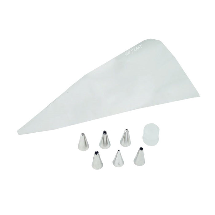 6 piece stainless steel piping tip set with reusable piping bag and coupler for cake decorating, cupcake frosting, borders, stars, and icing designs.