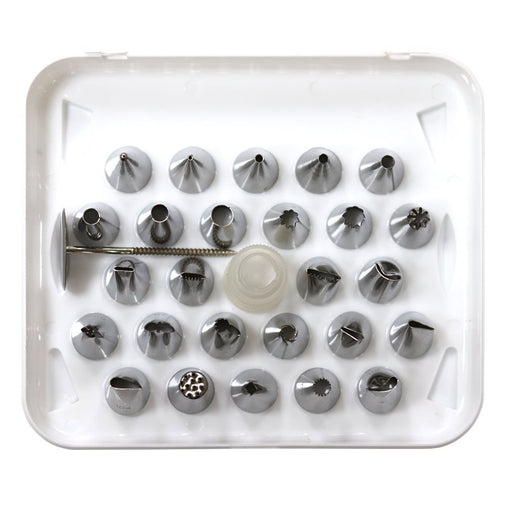 28 piece stainless steel piping tip set with decorating tips, reusable coupler, flower nail, and storage case for cake decorating and cupcake frosting.