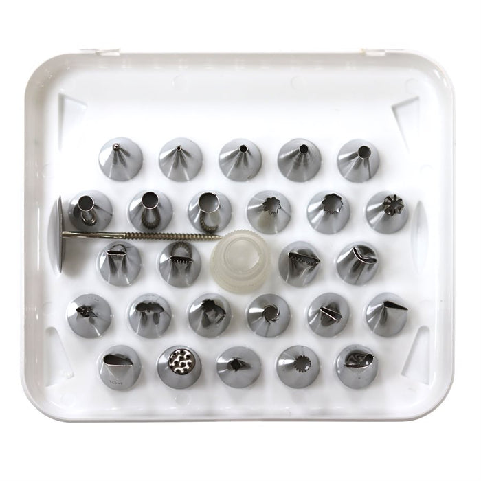 28 piece stainless steel piping tip set with decorating tips, reusable coupler, flower nail, and storage case for cake decorating and cupcake frosting.