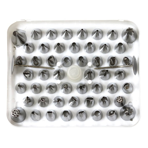55 piece stainless steel piping tip set with 52 decorating tips, 2 flower nails, reusable coupler, and storage case for cake decorating and cupcake frosting.