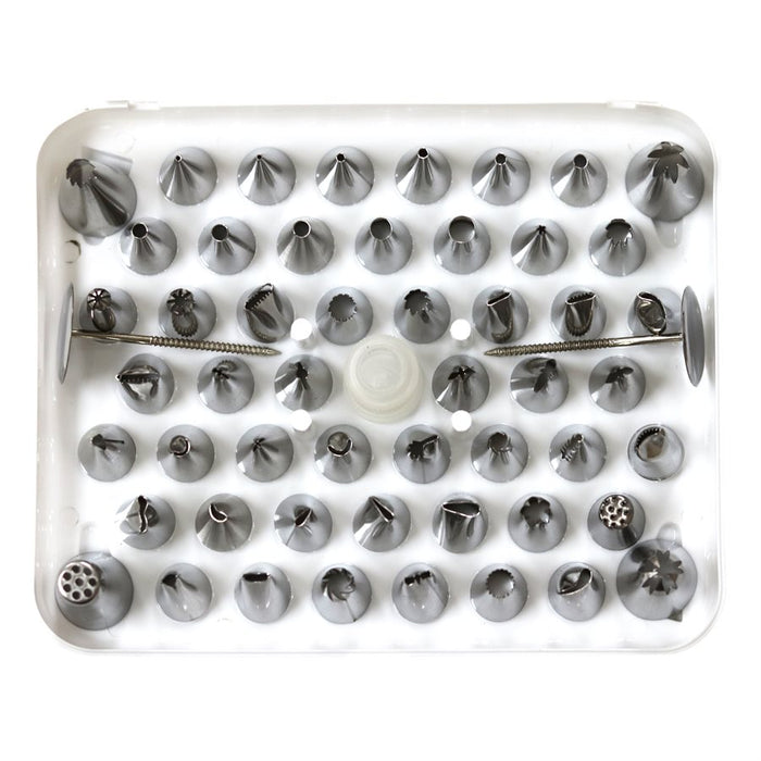 55 piece stainless steel piping tip set with 52 decorating tips, 2 flower nails, reusable coupler, and storage case for cake decorating and cupcake frosting.