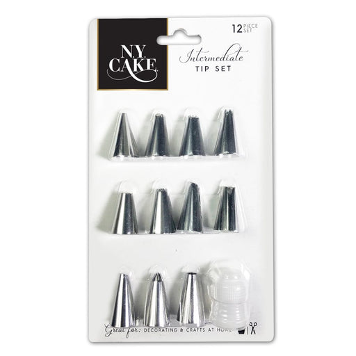 12 piece stainless steel piping tip set with 11 decorating tips and reusable coupler for cake decorating, cupcake frosting, borders, flowers, and icing designs.