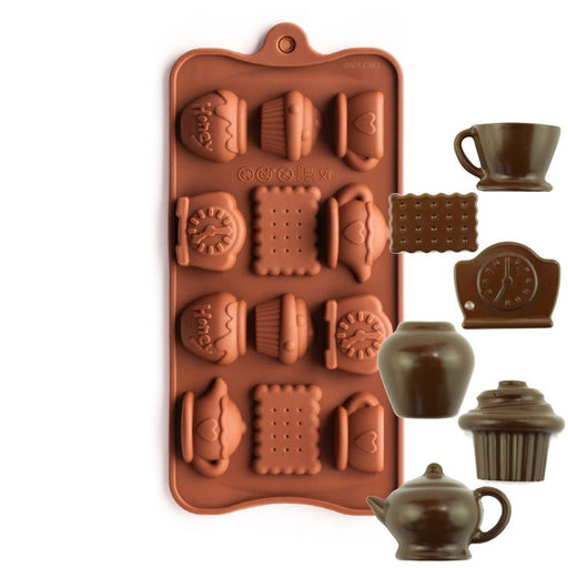 Flexible silicone mold featuring teacups, teapots, and tea-themed shapes for making chocolates, candy, fondant decorations, soap, and desserts.