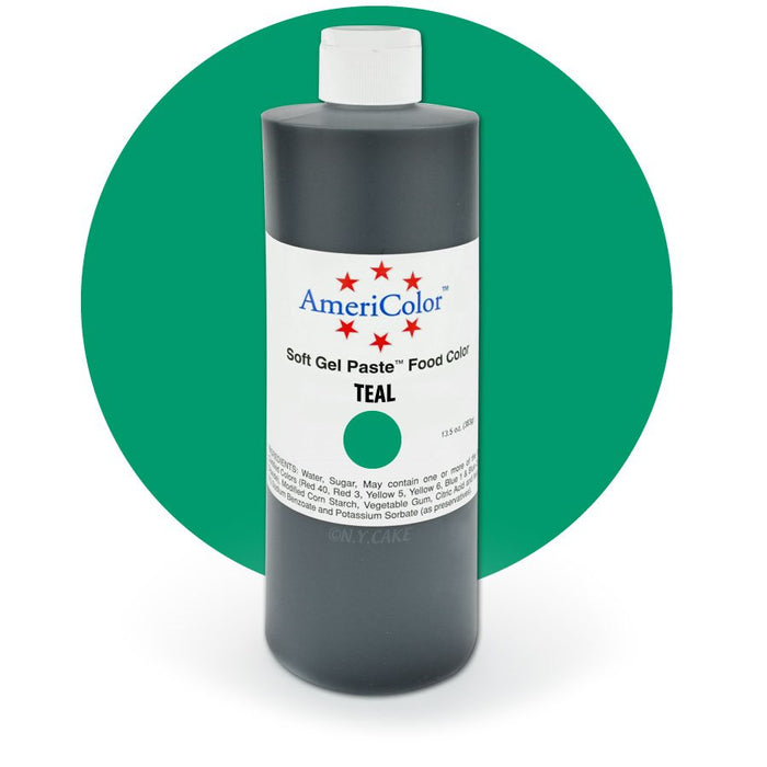 AmeriColor Teal Soft Gel Paste food coloring 13.5 oz bottle for cake decorating, buttercream, fondant, royal icing, cookies, and bakery desserts.