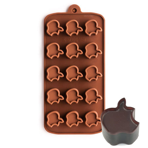 Flexible silicone mold with apple-shaped cavities for making chocolates, candy, fondant decorations, soap, wax melts, and themed desserts.