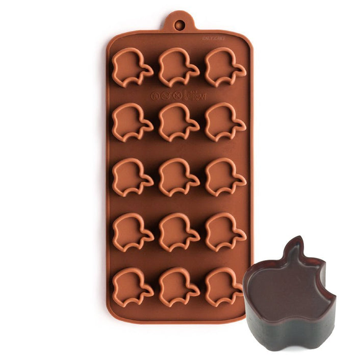 Flexible silicone mold with apple-shaped cavities for making chocolates, candy, fondant decorations, soap, wax melts, and themed desserts.