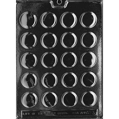Thin peppermint patty chocolate candy mold with 24 round cavities measuring 1 5/16 inch diameter by 1/4 inch deep
