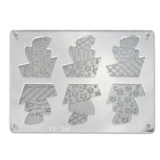 Topsy Turvy 2-piece acrylic chocolate mold with six decorative character cavities for creating detailed chocolates, fondant decorations, and confectionery designs.