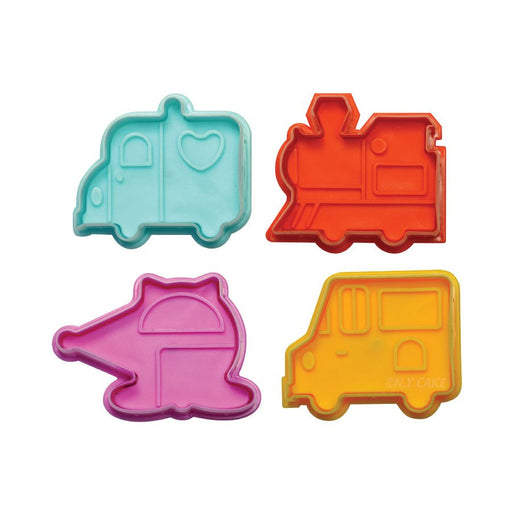 Transportation fondant and pie cutter set of 4 with truck train helicopter and car