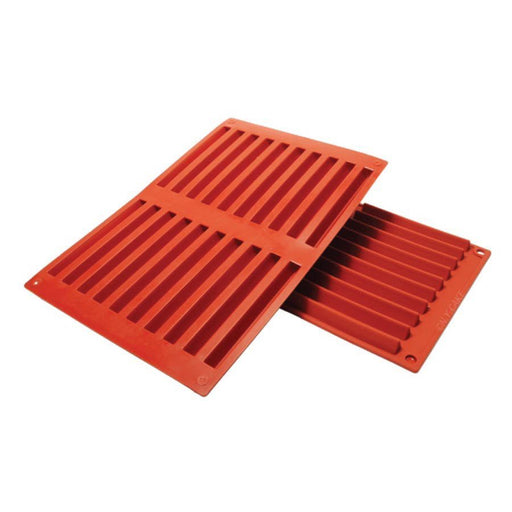 Flexible silicone baking mold featuring triangle strip cavities for making chocolate bars, pastry decorations, fondant, candy, and desserts.