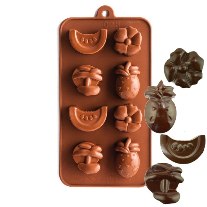 Flexible silicone mold featuring assorted tropical fruit shapes for chocolates, candy, fondant, jellies, soap, and wax melts.
