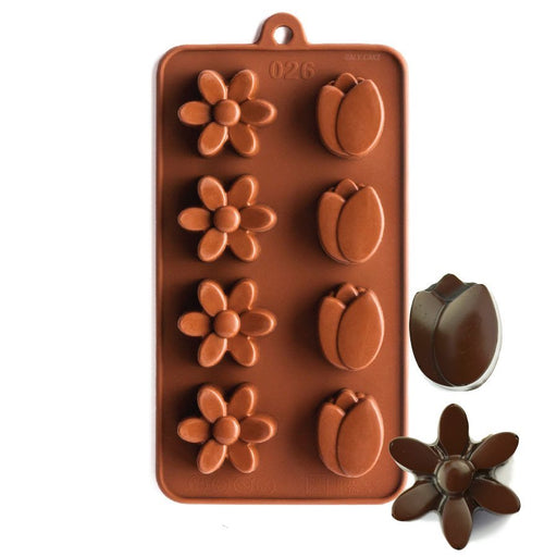 Flexible silicone mold featuring tulip and daisy flower designs for chocolates, candy, fondant, jellies, soap, and wax melts.