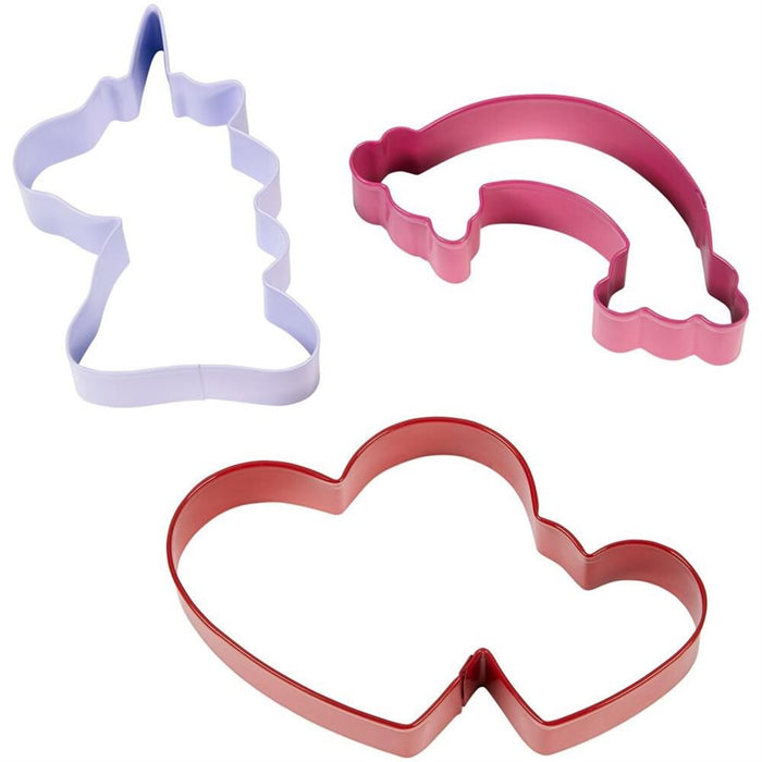 Wilton Valentine's Day 3-piece metal cookie cutter set featuring purple unicorn, pink rainbow and red double-heart shapes