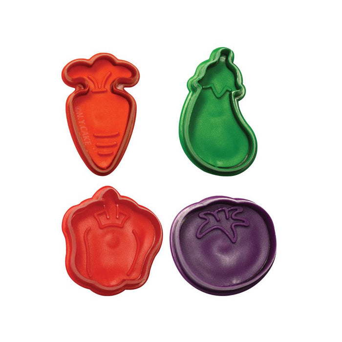 Vegetable fondant and pie cutter set of 4 with carrot eggplant pepper and tomato