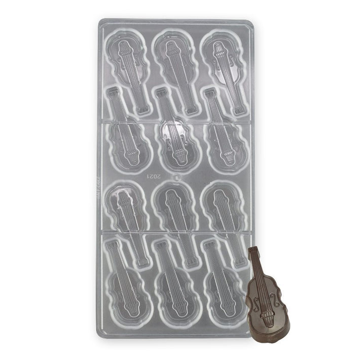 Violin polycarbonate chocolate mold with 12 cavities for music-themed chocolates, recital desserts, molded chocolates, party favors, and gourmet confectionery making.