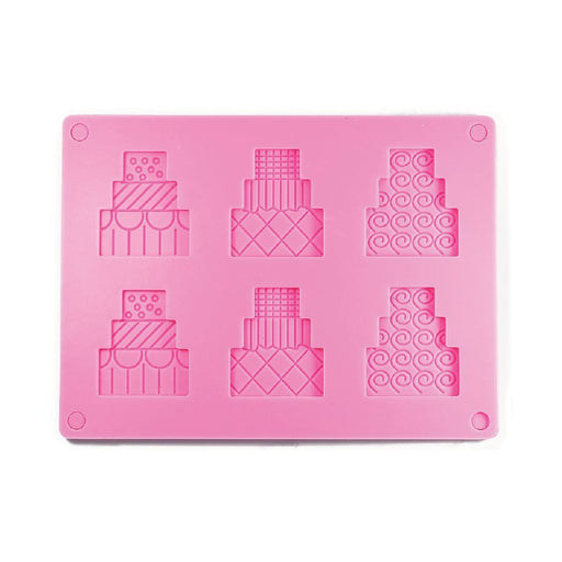 Two-piece silicone wedding cake chocolate mold with 6 cavities for creating detailed multi-color chocolates and fondant decorations.