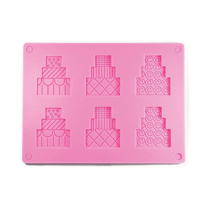 Two-piece silicone wedding cake chocolate mold with 6 cavities for creating detailed multi-color chocolates and fondant decorations.