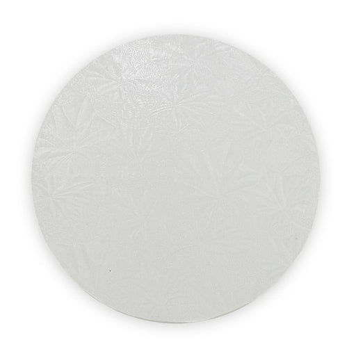 Round white foil cake board with 1/2-inch thickness available in 6 to 20 inch sizes for cake support, display, transport, and presentation.
