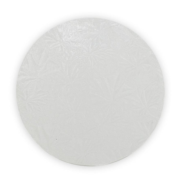 Round white foil cake board with 1/2-inch thickness available in 6 to 20 inch sizes for cake support, display, transport, and presentation.