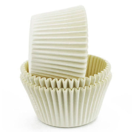 White greaseproof jumbo cupcake baking cups measuring 2 1/2 inches wide by 1 7/8 inches high.