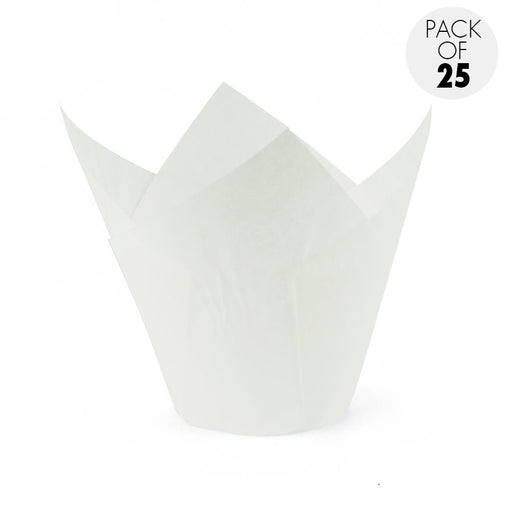 White tulip paper baking cup with pointed petals for muffins, cupcakes and individual baked goods.