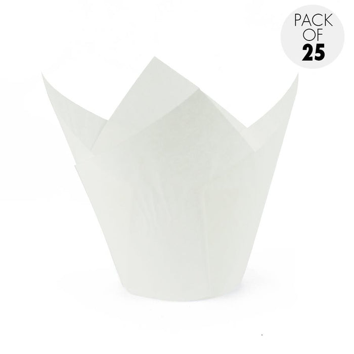 White tulip paper baking cup with pointed petals for muffins, cupcakes and individual baked goods.