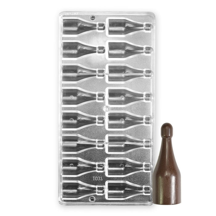 Polycarbonate chocolate mold with 16 wine bottle cavities used to create detailed wine bottle-shaped chocolates for parties, gifts, and special events.