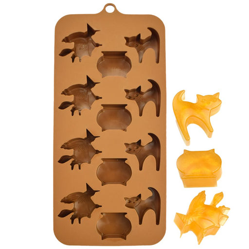 Flexible silicone mold featuring Halloween witch and cat shapes for chocolates, candy, fondant, jellies, soap, and wax melts.