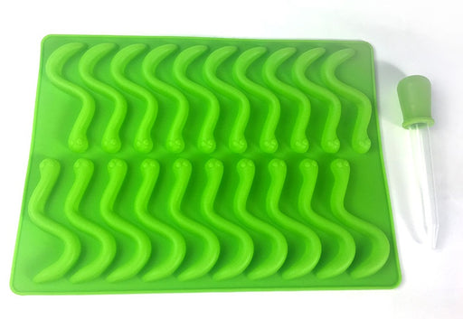 NY Cake Worm JellyFlex silicone mold with 20 worm cavities and filling dropper for gummy candy, jelly and chocolate making