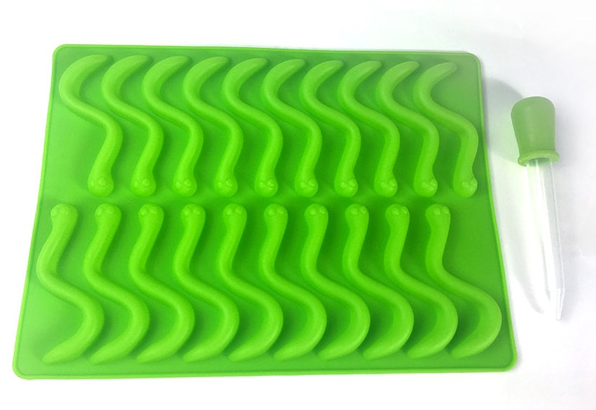 NY Cake Worm JellyFlex silicone mold with 20 worm cavities and filling dropper for gummy candy, jelly and chocolate making